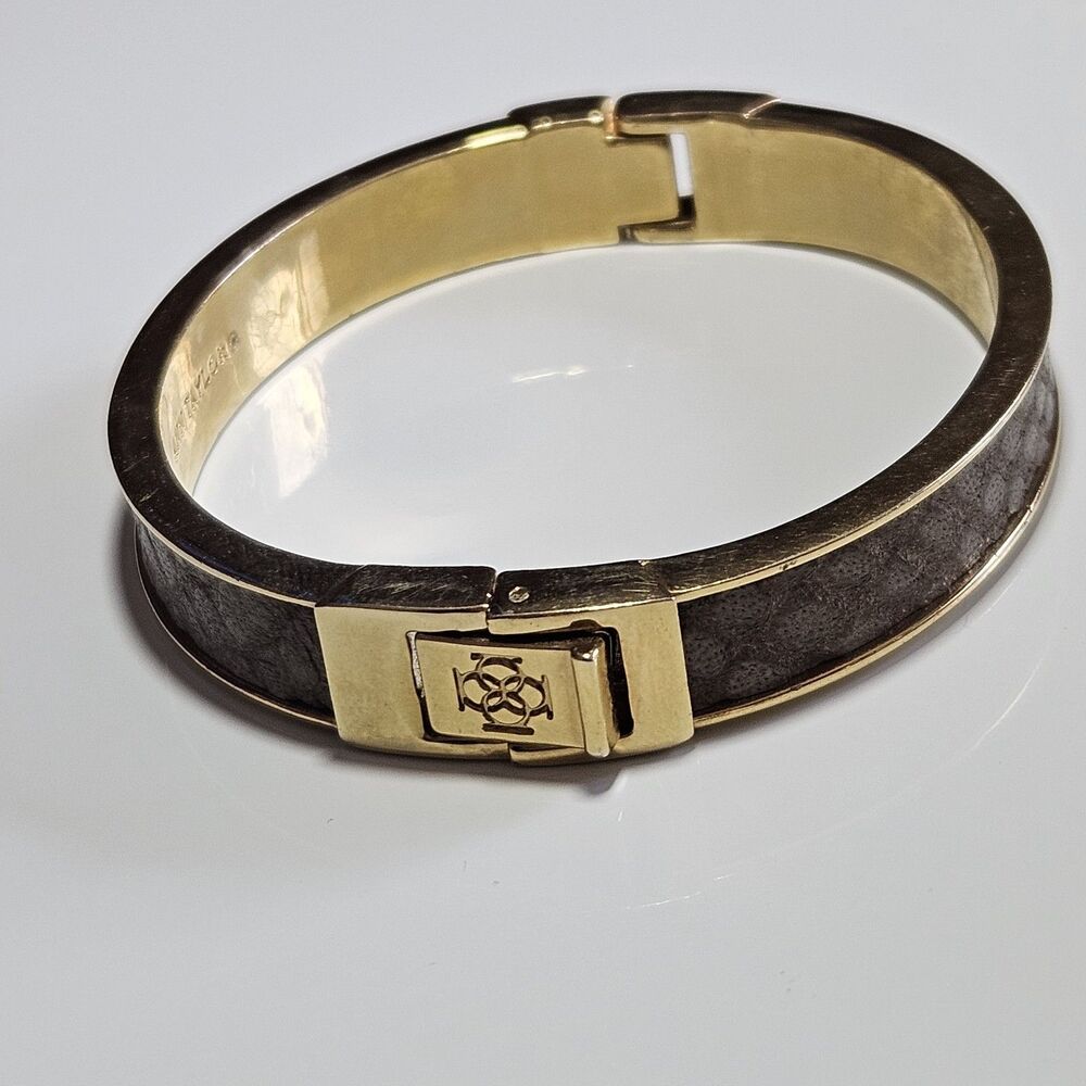 Ann Taylor Gold Tone & Brown/Tan Hinged Bangle Bracelet 6.25"